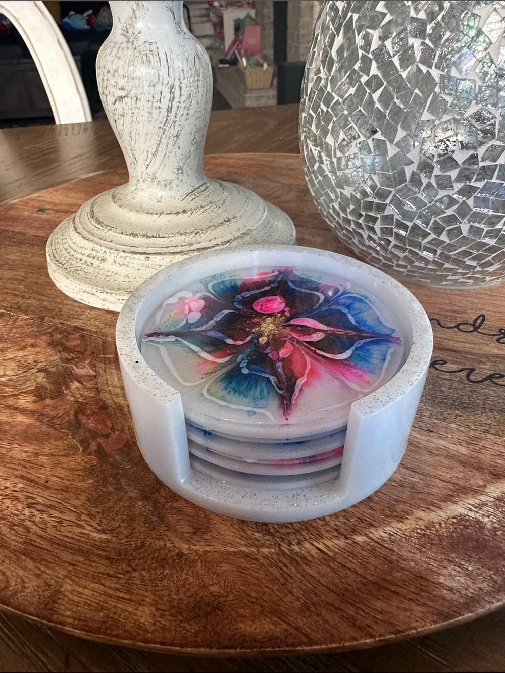 Handmade White Resin Coaster Set with Pink & Blue Floral Design